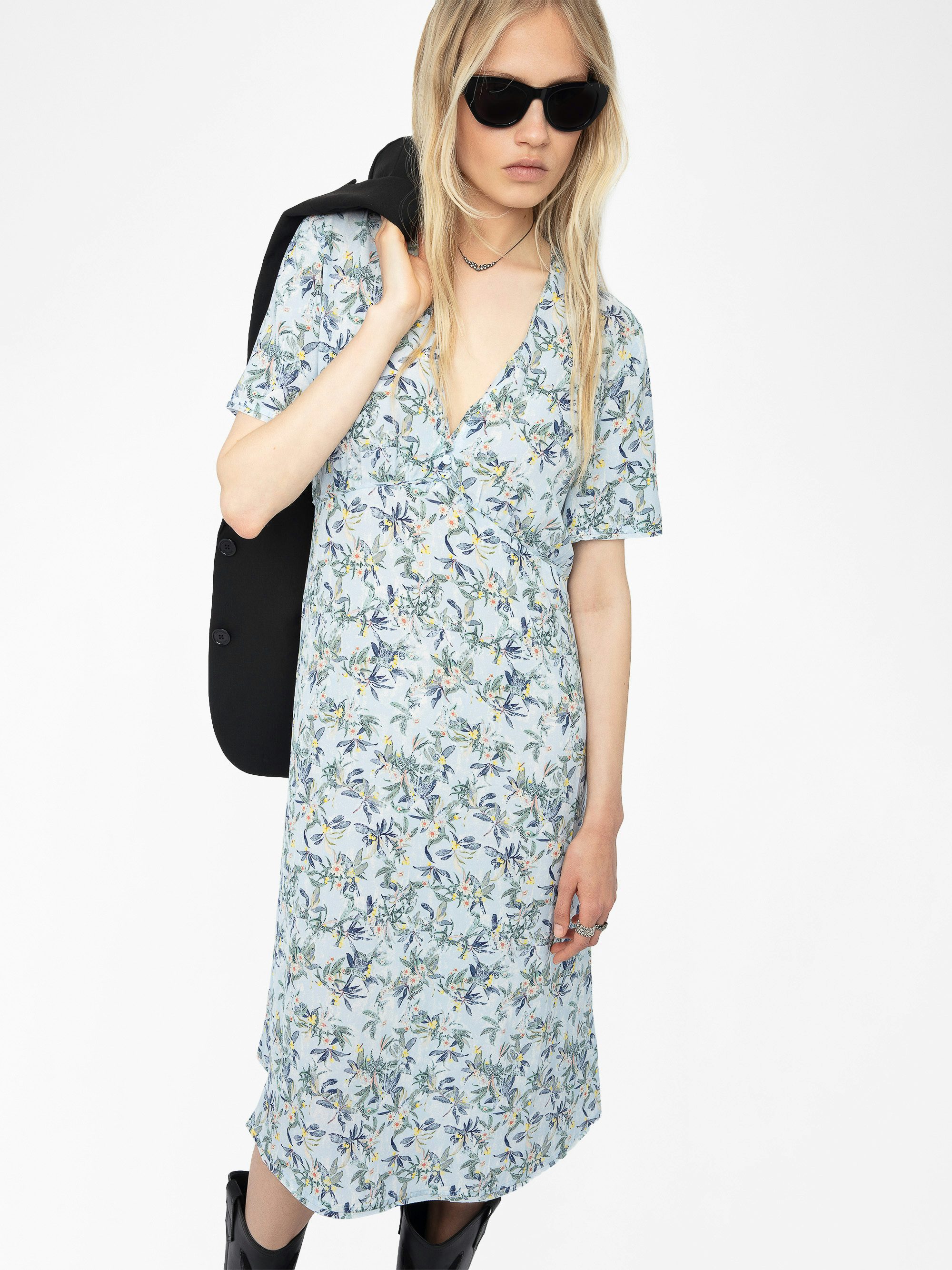 Rhodral Dress - Mid-length printed viscose dress with short sleeves and buttoned neckline.